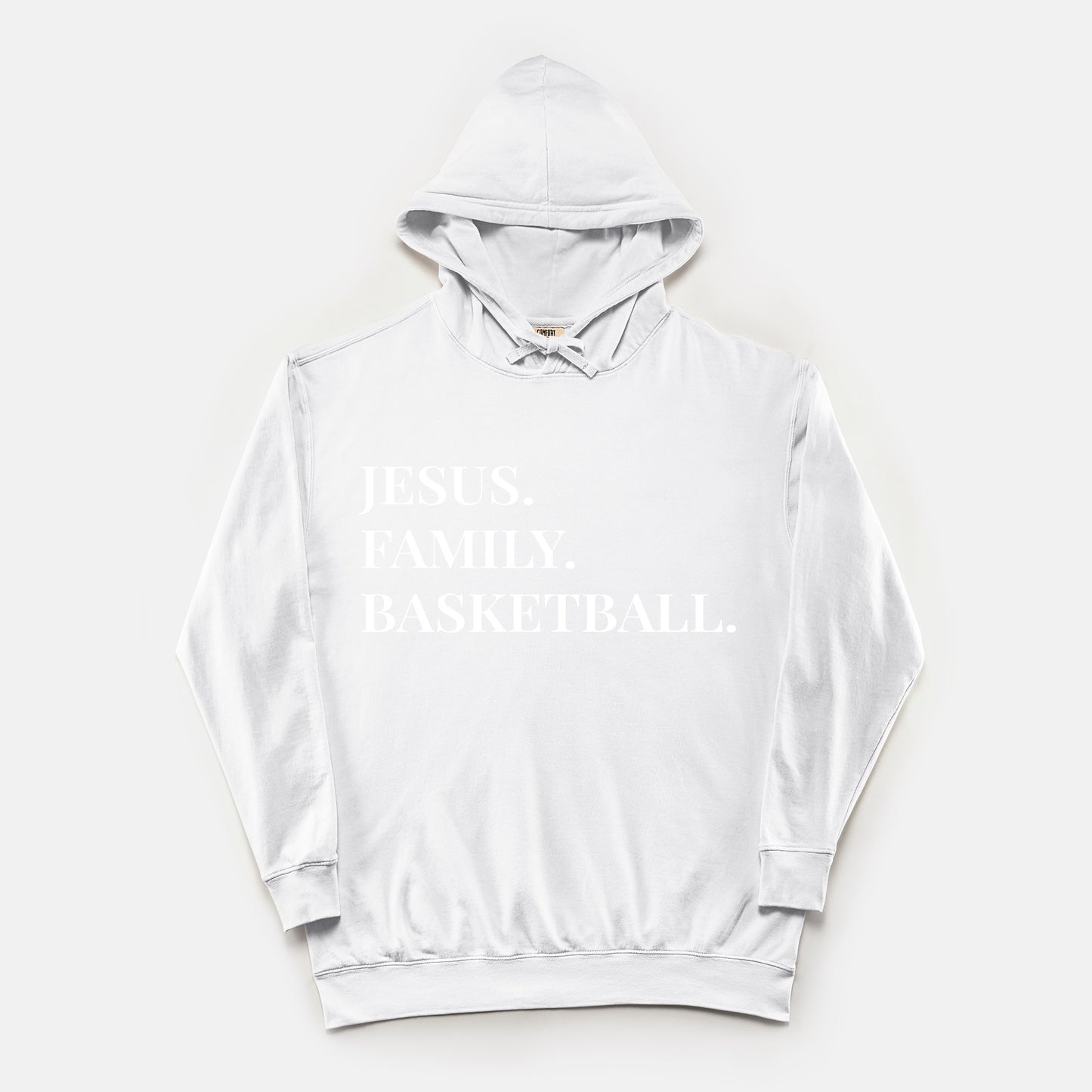 "Jesus. Family. Basketball." Unisex Lightweight Comfort Colors® Hooded Sweatshirt with White Lettering