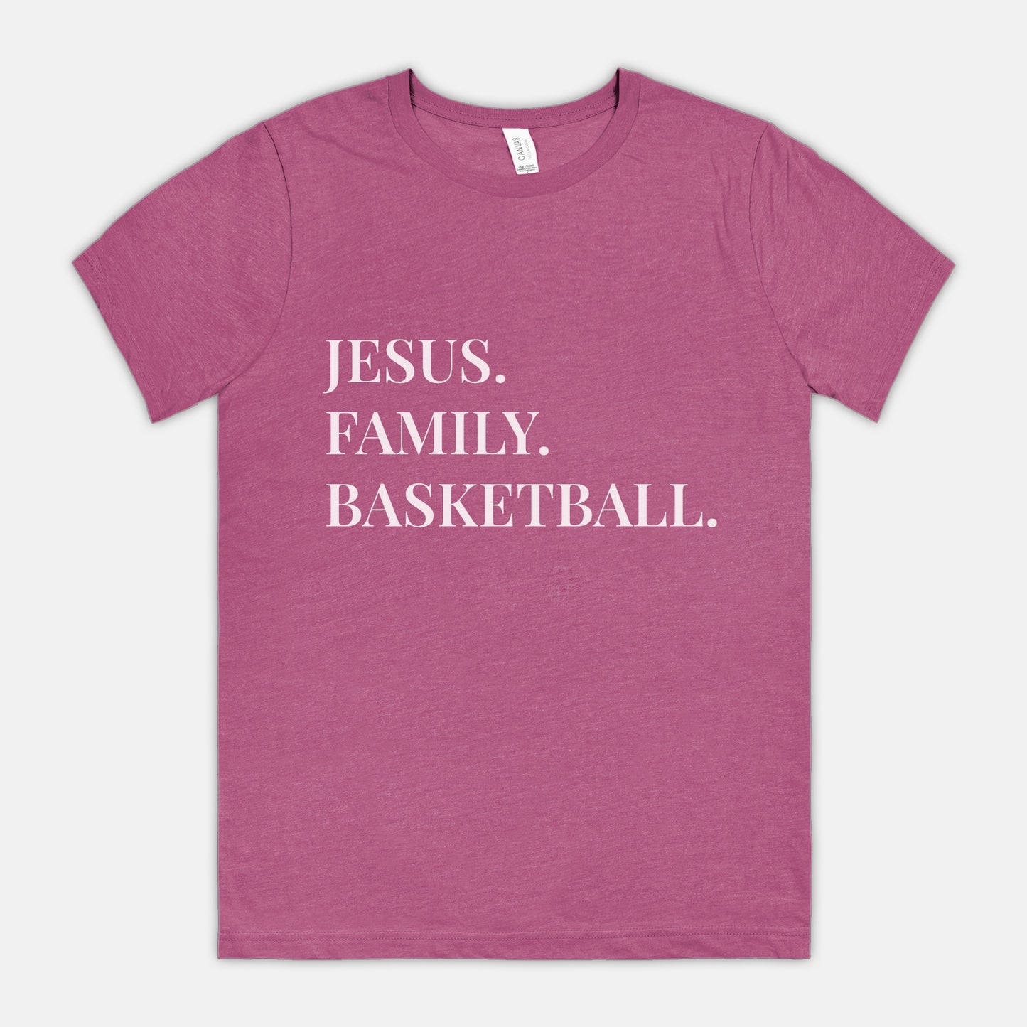 “Jesus. Family. Basketball.” Unisex Tee with White Lettering