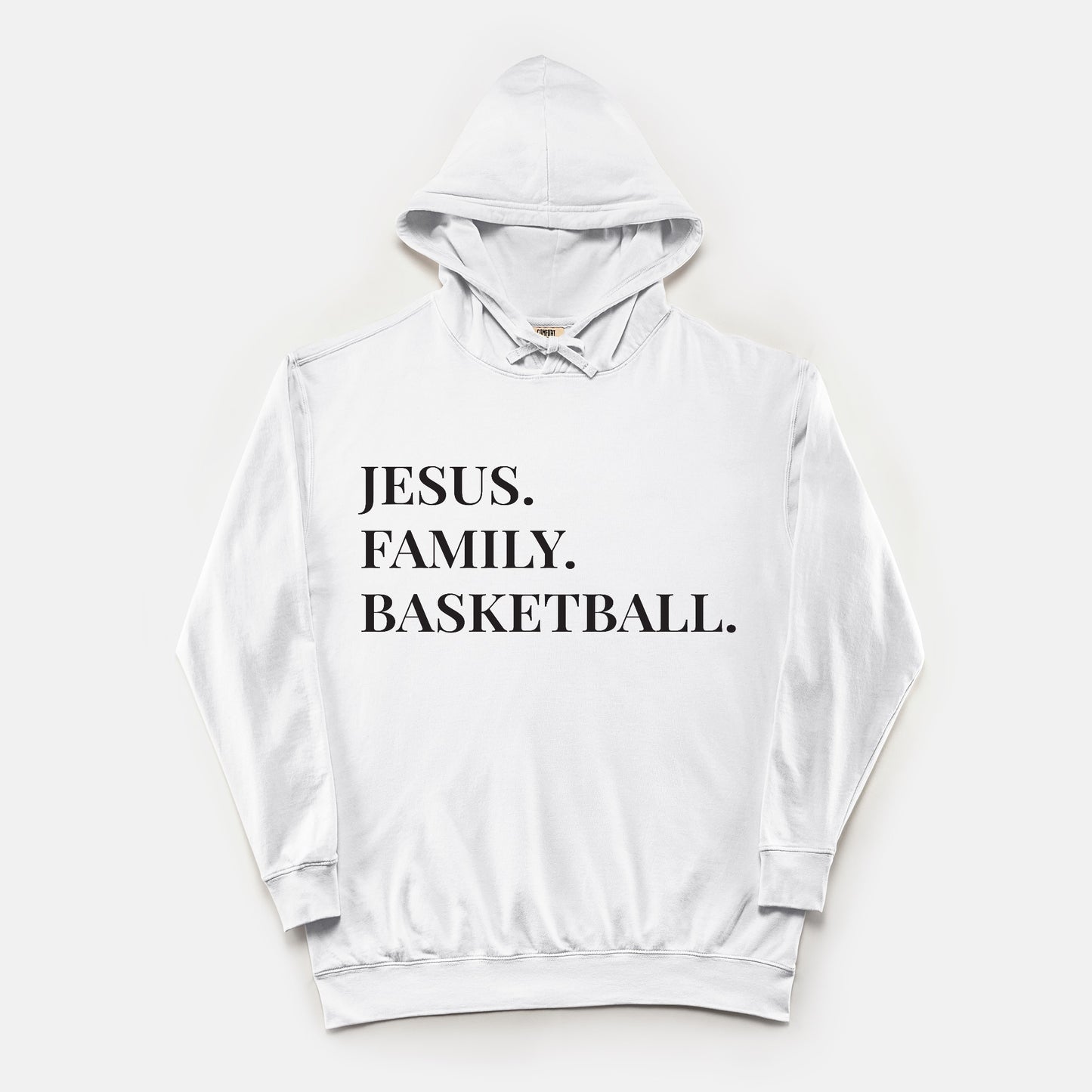 "Jesus. Family. Basketball." Comfort Colors® Unisex Lightweight Hooded Sweatshirt with Black Lettering