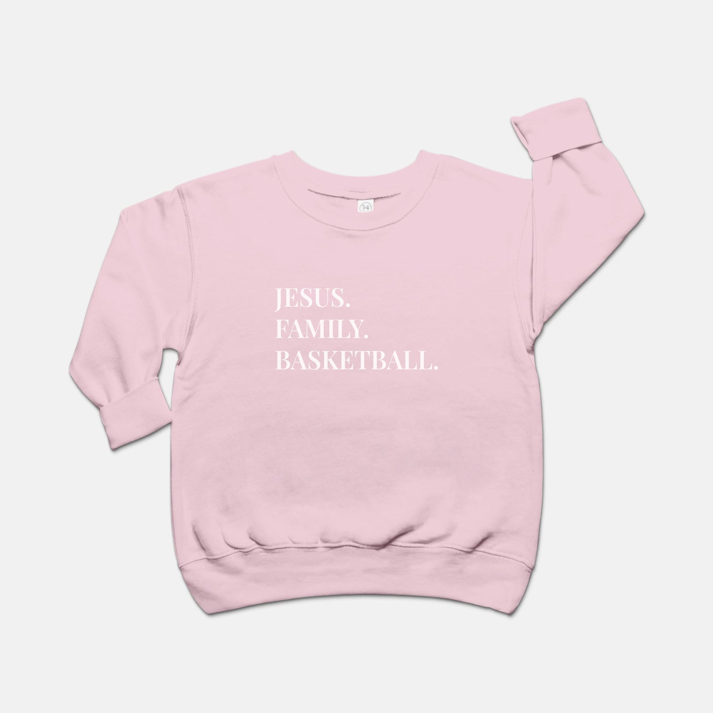 "Jesus. Family. Basketball." Toddler Crew Neck Sweatshirt with White Lettering