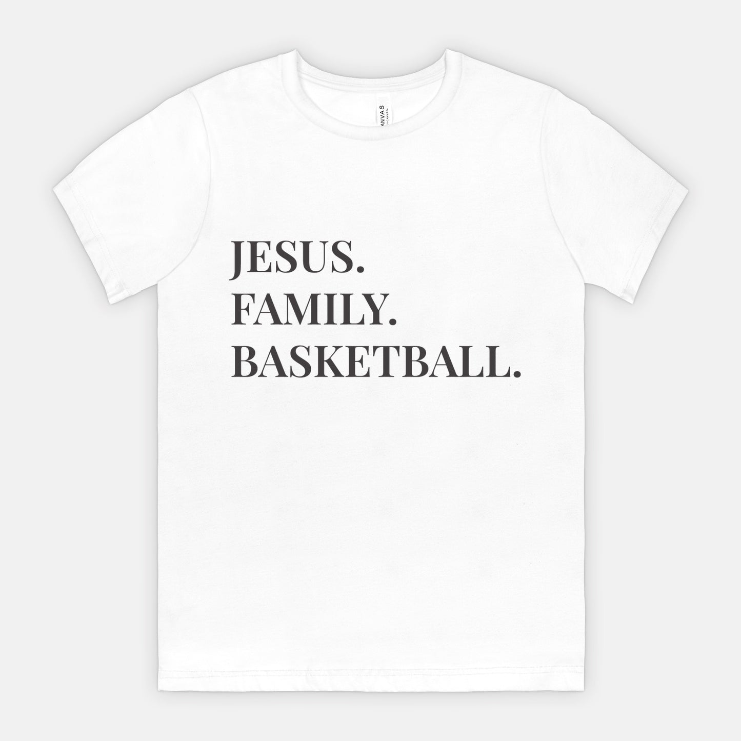 “Jesus. Family. Basketball.” Unisex Tee with Black Lettering
