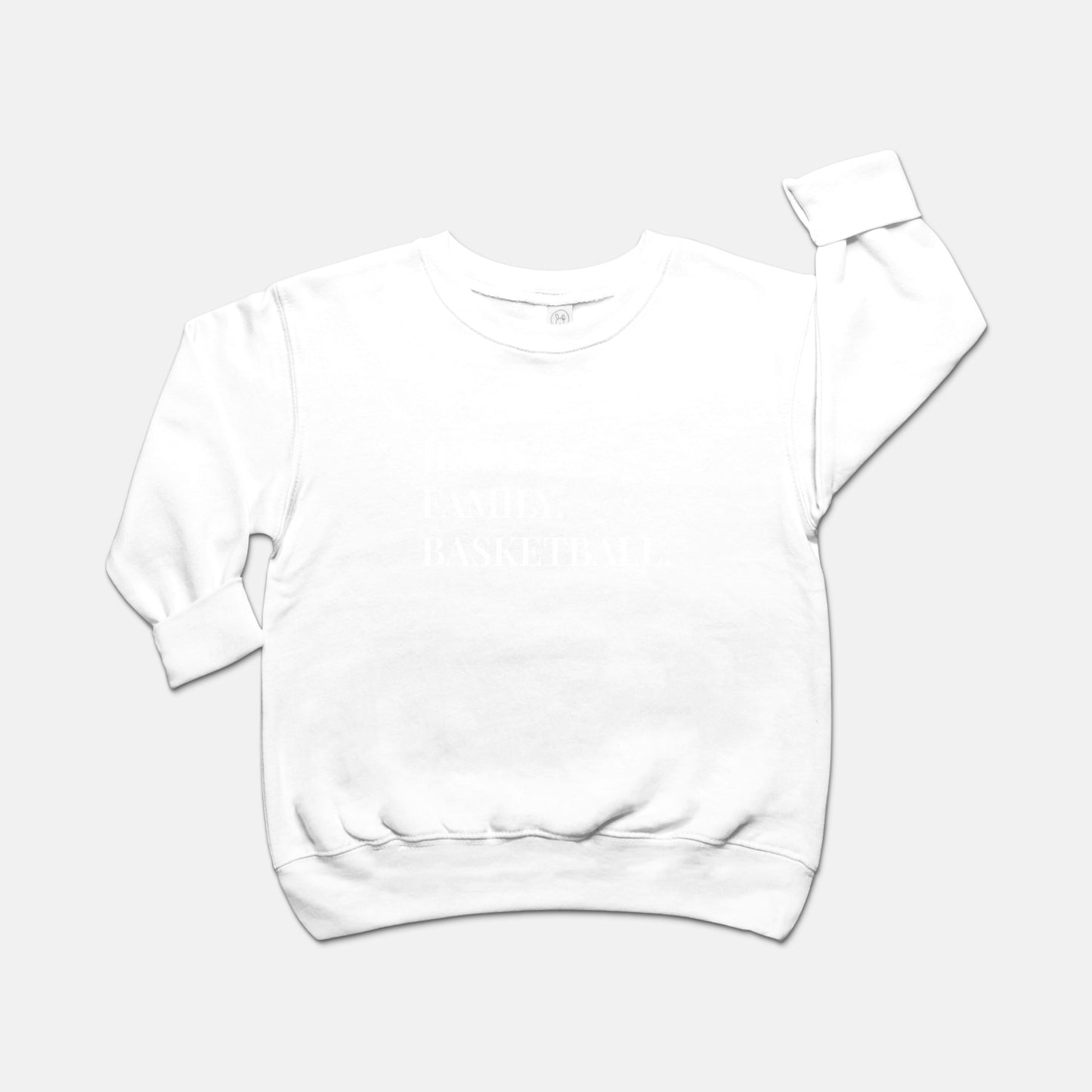 "Jesus. Family. Basketball." Toddler Crew Neck Sweatshirt with White Lettering