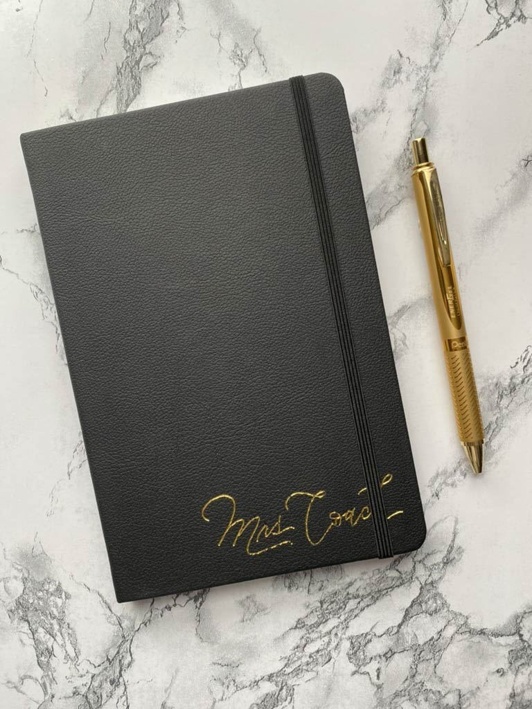 PERSONALIZED BLACK VEGAN LEATHER JOURNALS WITH CUSTOM, HANDWRITTEN CALLIGRAPHY