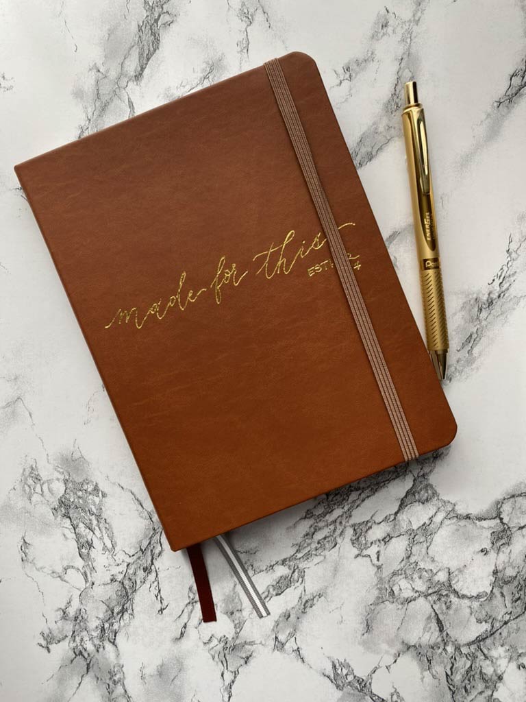 PERSONALIZED COGNAC VEGAN LEATHER JOURNALS WITH CUSTOM, HANDWRITTEN CALLIGRAPHY