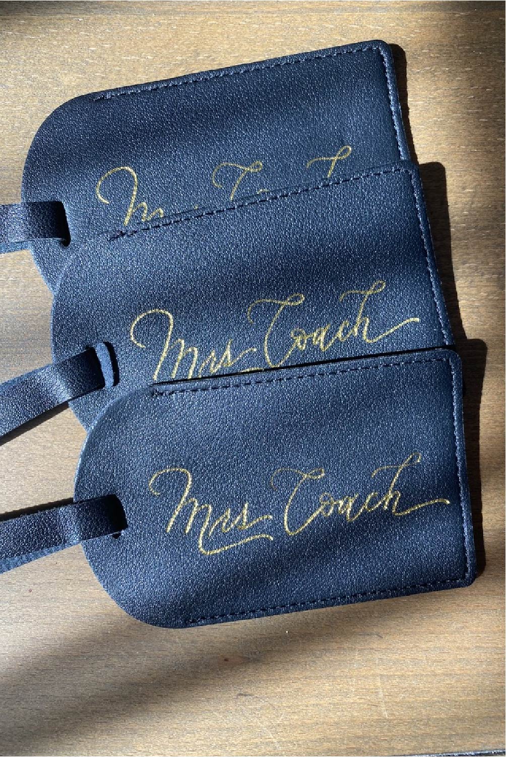 PERSONALIZED VEGAN LEATHER LUGGAGE TAGS WITH CUSTOM, HANDWRITTEN CALLIGRAPHY