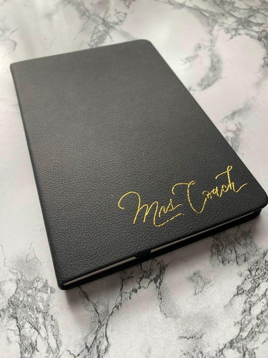 PERSONALIZED BLACK VEGAN LEATHER JOURNALS WITH CUSTOM, HANDWRITTEN CALLIGRAPHY