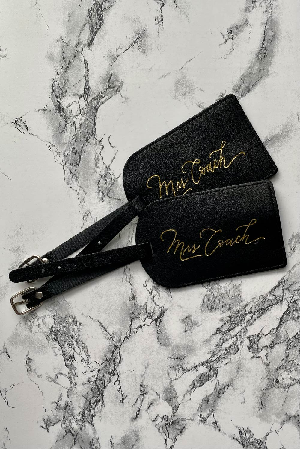PERSONALIZED VEGAN LEATHER LUGGAGE TAGS WITH CUSTOM, HANDWRITTEN CALLIGRAPHY