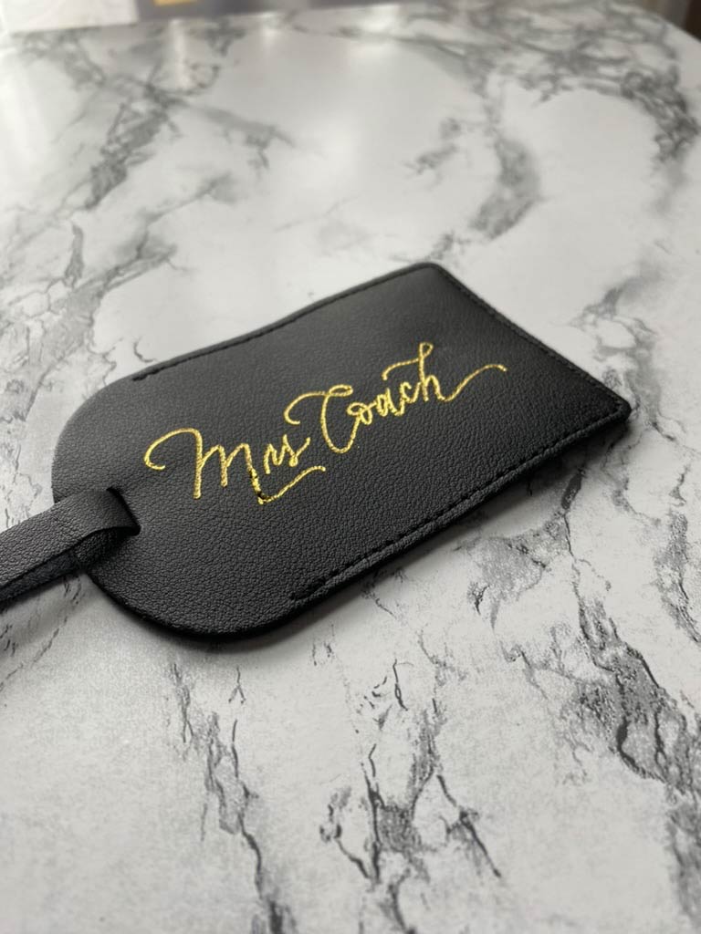 PERSONALIZED VEGAN LEATHER LUGGAGE TAGS WITH CUSTOM, HANDWRITTEN CALLIGRAPHY